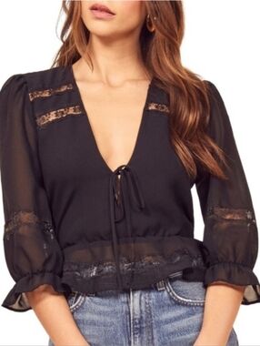 NWT Reformation Emily Lace Inset Blouse Black Size Large L Top Long Sleeve